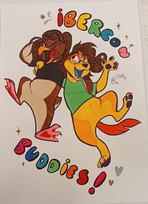 A drawing I made of mine and my new friend's fursonas being besties